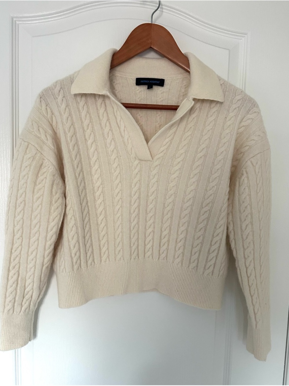Patrick Assaraf Cream Cable Knit Collared V-Neck Sweater